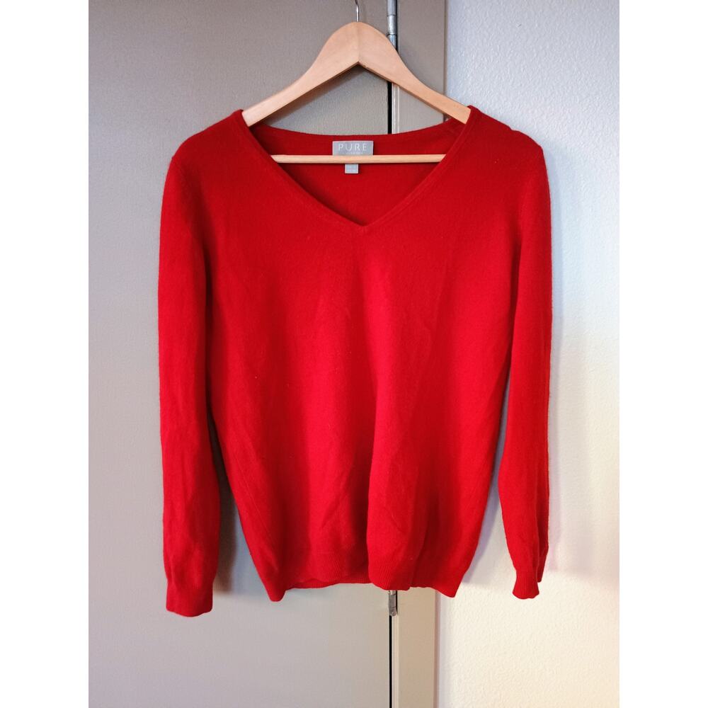 Pure Collection 100% Cashmere V-Neck Sweater Red quiet Luxury minimalist flawed